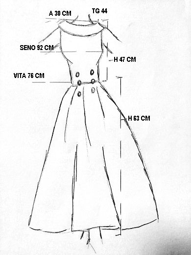 MISURE DELL'ABITO IN STILE ANNI 50: TG 44; SENO 92 CM; VITA 76 CM; ALTEZZA CORPINO 47 CM; LUNGHEZZA GONNA DALLA VITA 63 CM; LARGHEZZA SCOLLO 30 CM