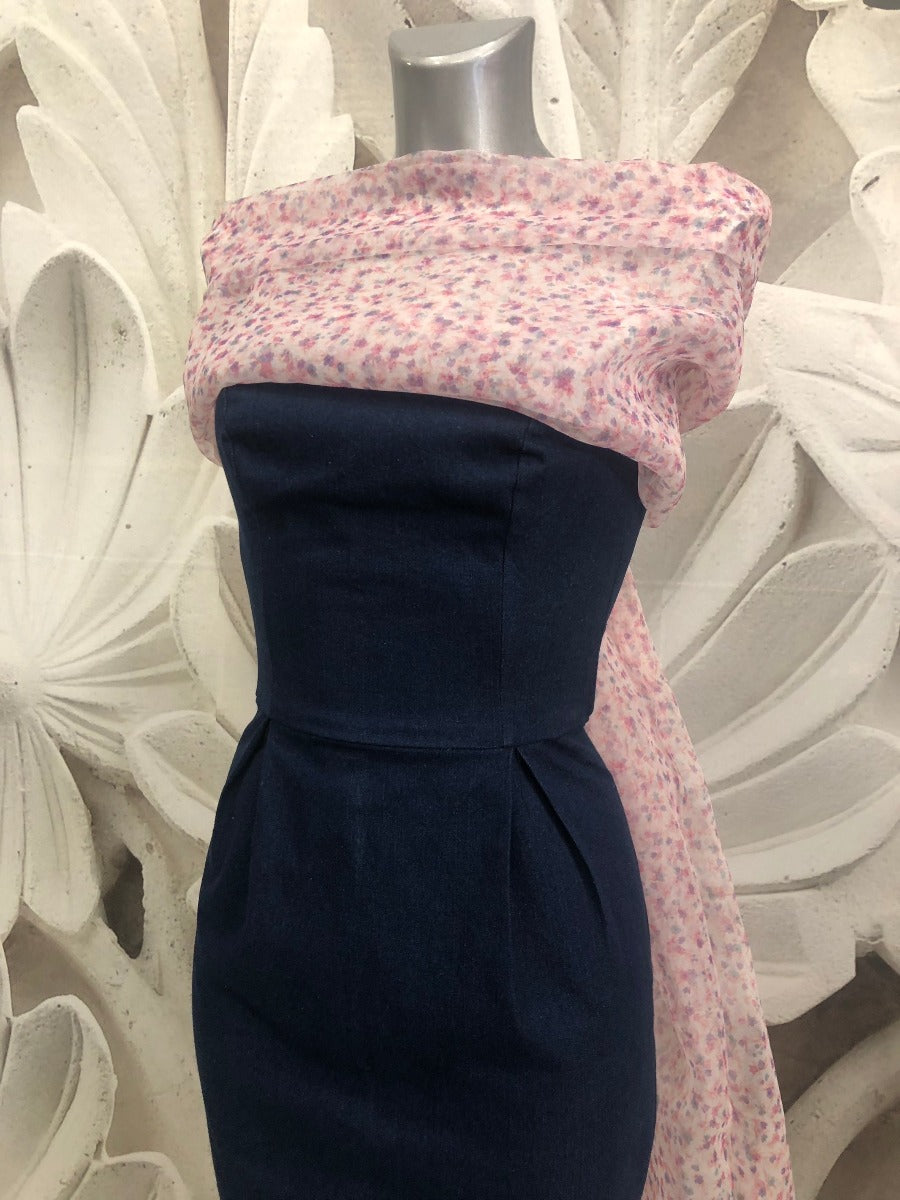 Abito lungo Bianca in denim e stola in organza su misura