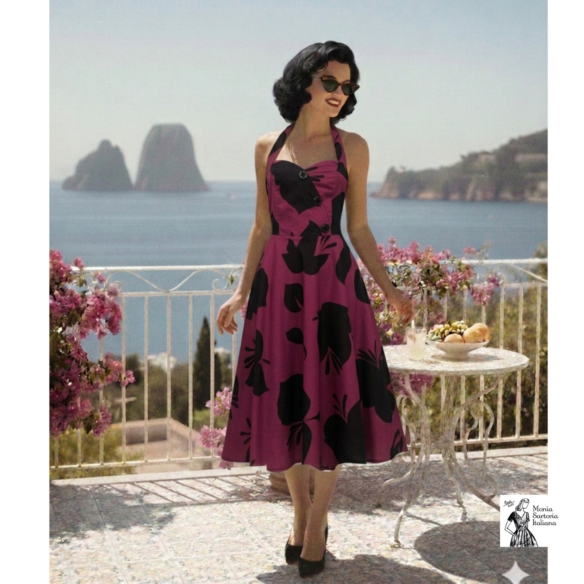 e anni 50 con scollo a cuore e gonna mezza ruota in cotone fantasia astratta bordeaux nero. Modela e scenario realizzato con ia 