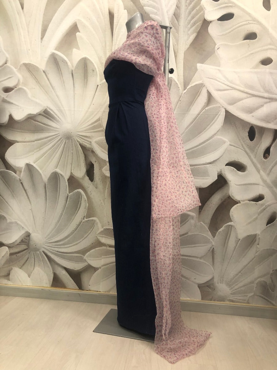 Abito lungo Bianca in denim e stola in organza su misura