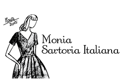 Monia - sartoria italiana abiti su misura ispirati a tagli di tempi passati come il periodo della dolce vita. logo con figurino di un abito ispirato agli anni 50 