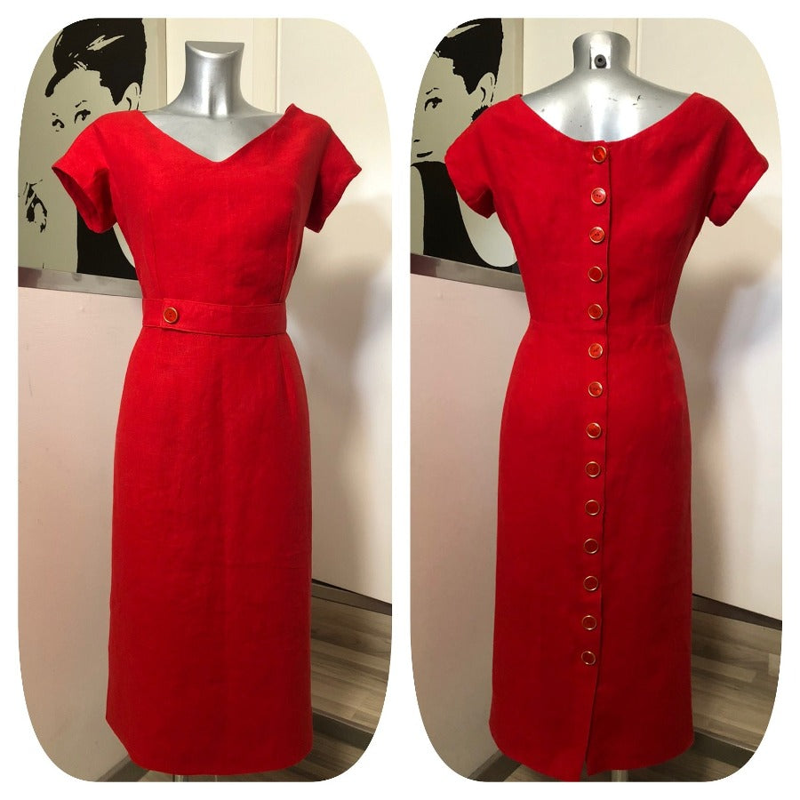 Abito tubino kelly con bottoni in lino vintagestyle anni 50 su misura